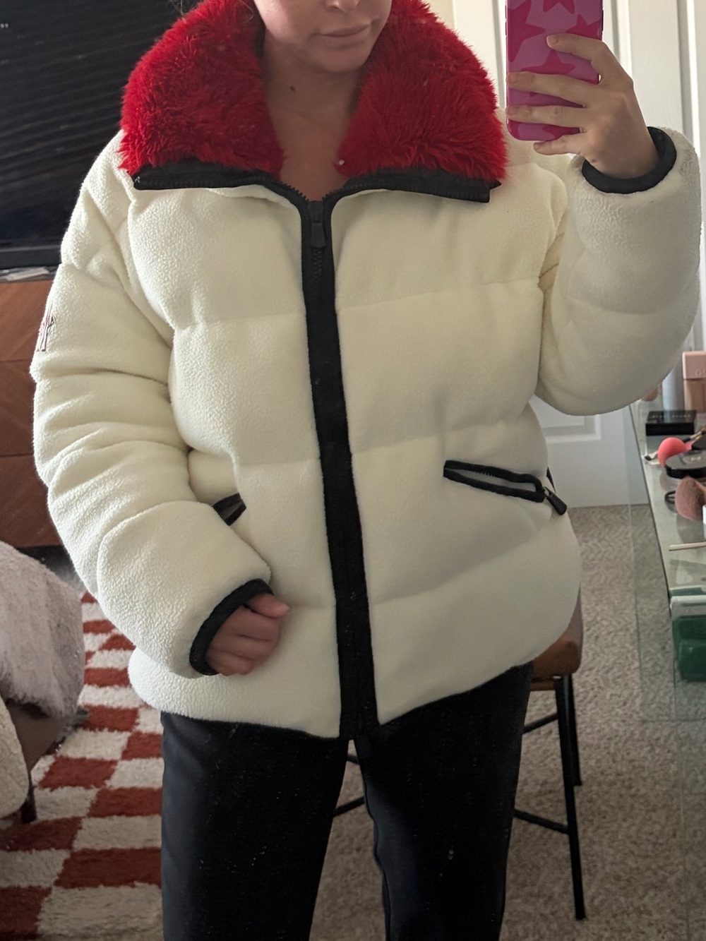 White Moncler Sherpa Puffer Jacket with Red Fur Collar - Picture 9 of 10